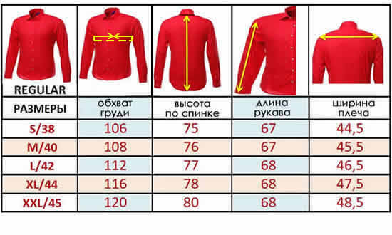 Таблица размеров мужских рубашек Biriz & Bawer из Турции